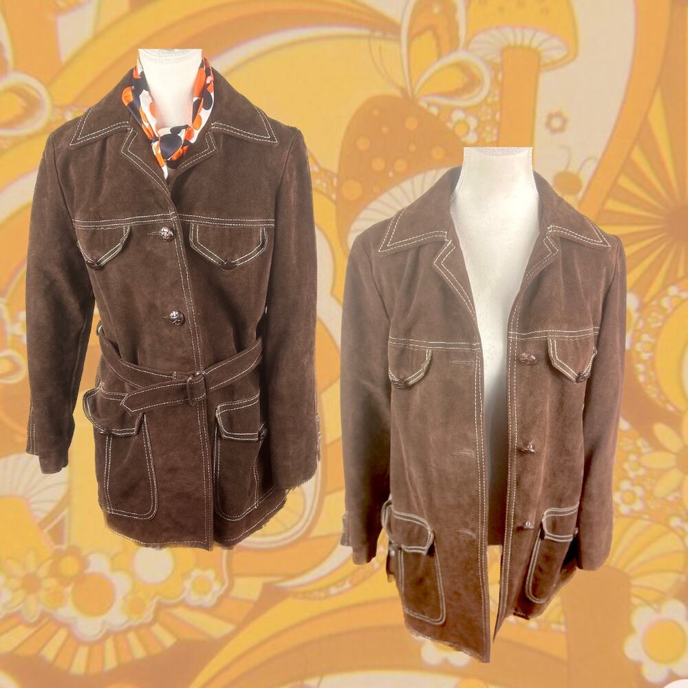 Vintage Brown Suede Belted Blazer Jacket with Contrast Stitching